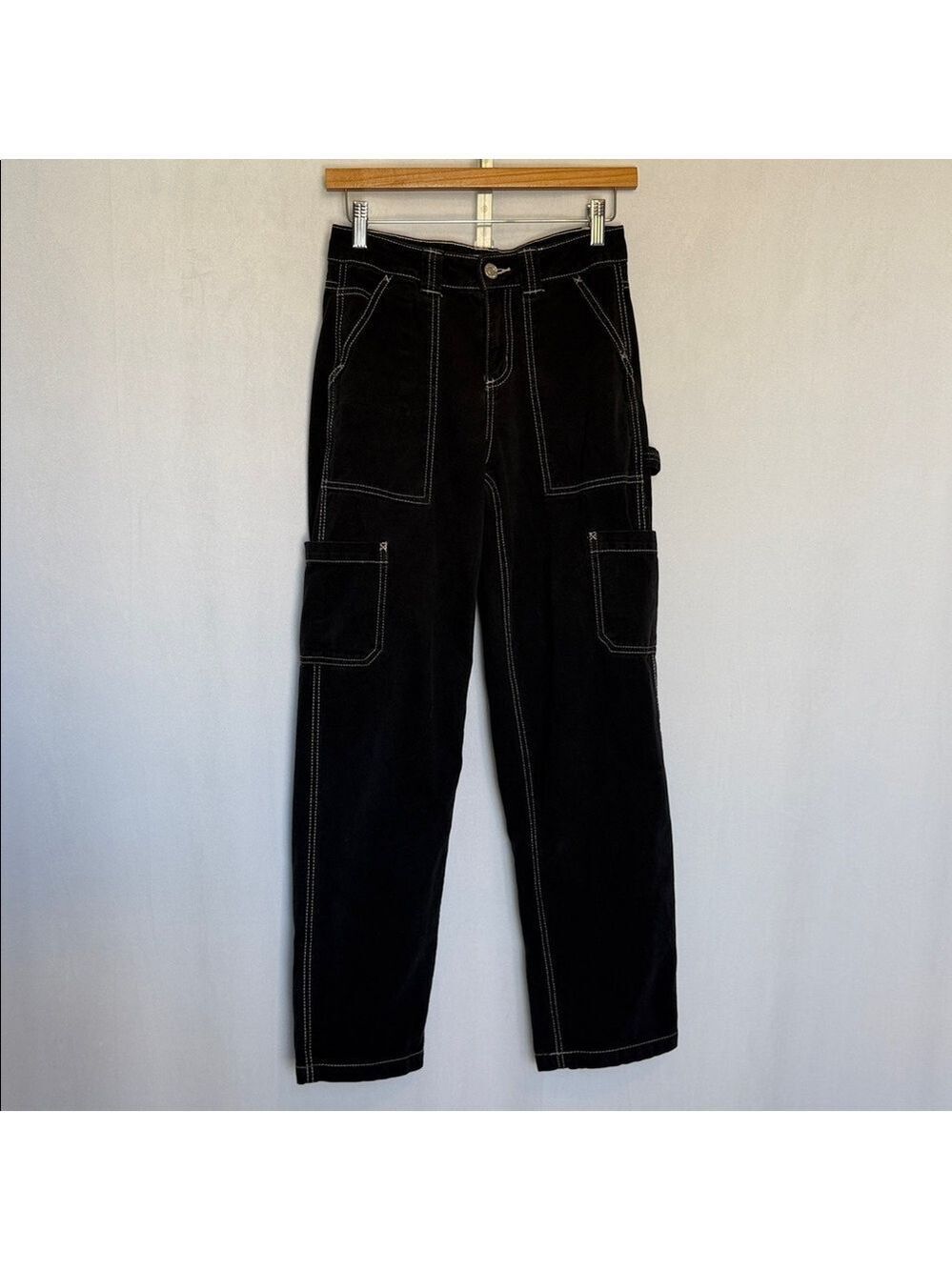 Garage Women's Black Denim Cargo Jeans White Stitching Size 00 Baggy Slouchy